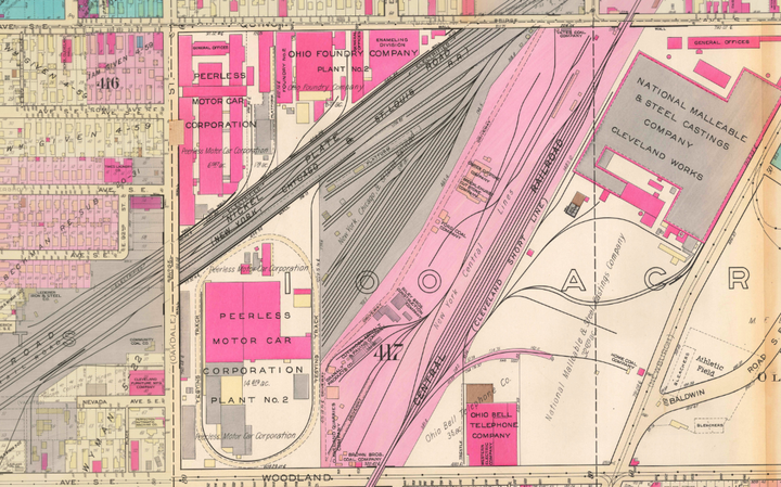 ArcGIS Cleveland c 1927 showing Peerless Motor Car Company before they decided to be a brewer